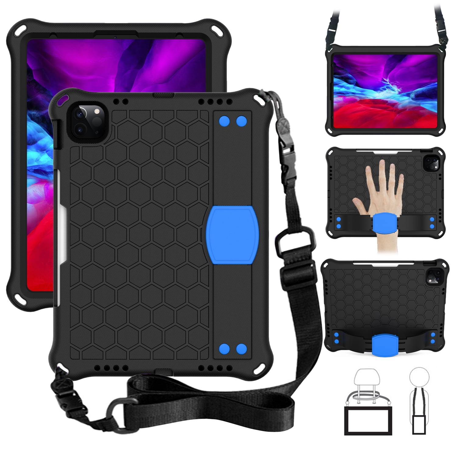 iPad Pro 11 2nd Gen Case 2020, Allytech EVA Silicone Shockproof Kids Friendly Shoulder Strap Protection Kickstand Shoulder Strap Cover with Pencil Holder for Apple iPad Pro 11 2020, Black/Blue