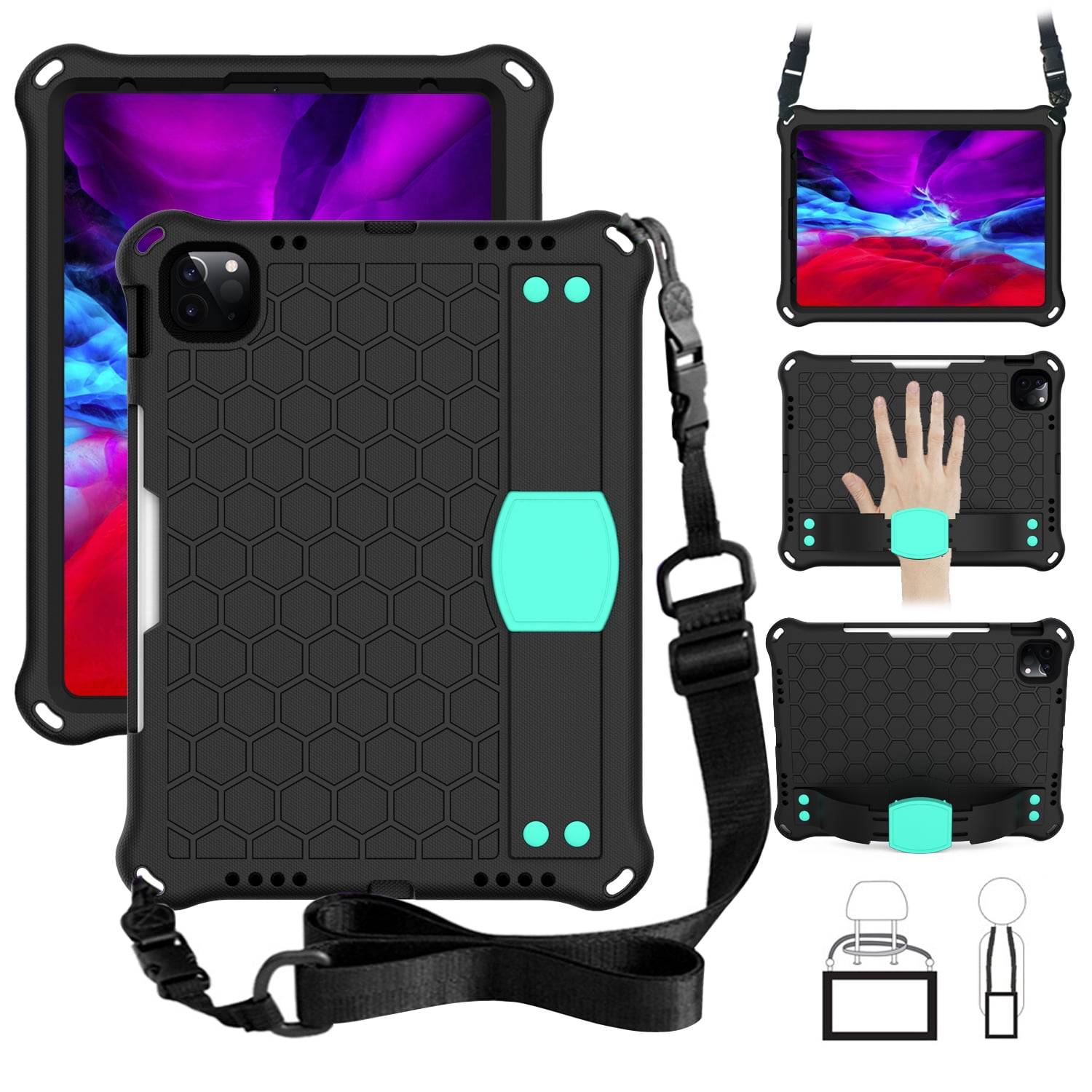 iPad Pro 11 2nd Gen Case 2020, Allytech EVA Silicone Shockproof Kids Friendly Shoulder Strap Protection Kickstand Shoulder Strap Cover with Pencil Holder for Apple iPad Pro 11 2020, Black/Aqua