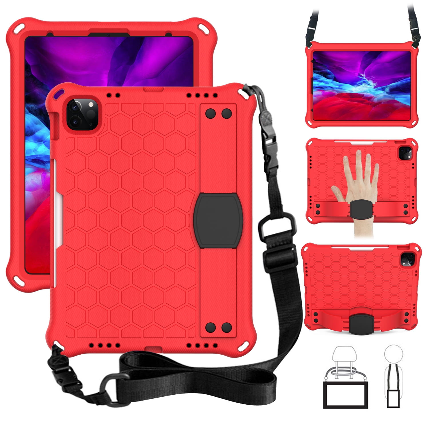 iPad Pro 11 2nd Gen Case 2020, Allytech EVA Silicone Shockproof Kids Friendly Shoulder Strap Protection Kickstand Shoulder Strap Cover with Pencil Holder for Apple iPad Pro 11 2020, Red
