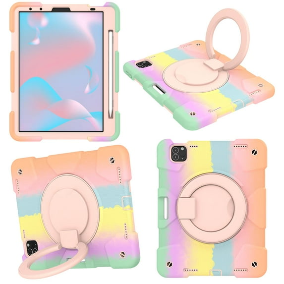 iPad Pro 11 3rd Generation 2021 Case, 360° Rotating Multi-Functional Handle-Kickstand Shockproof Cover & Shoulder Strap & Pencil Holder For iPad Pro 11 2021/2020/2018, Colorful#Rosegold