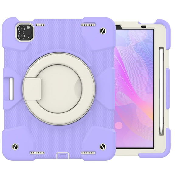 iPad Pro 11 3rd Generation 2021 Case Rubber Protective Case with Pencil Holder, [Crossbody Strap], Full-Body Silicone+PC Rotatable Kickstand & Hand Strap For iPad Pro 11 2021/2020/2018, Purple