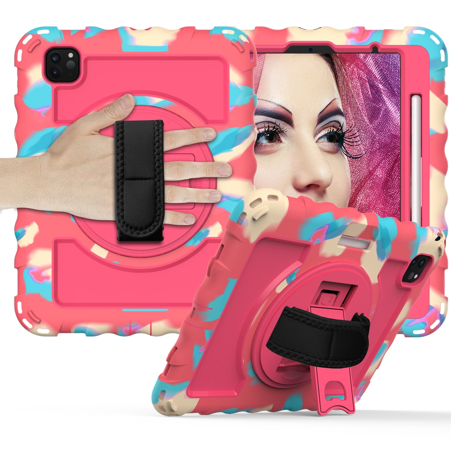 iPad Pro 11 Case 2020, iPad Pro 11 2nd Generation Case, Allytech Heavy Duty Shockproof Pencil Holder 360 Rotating Hand Strap Shoulder Strap Cover Case for Apple iPad Pro 11 2020, Colorful/Pink