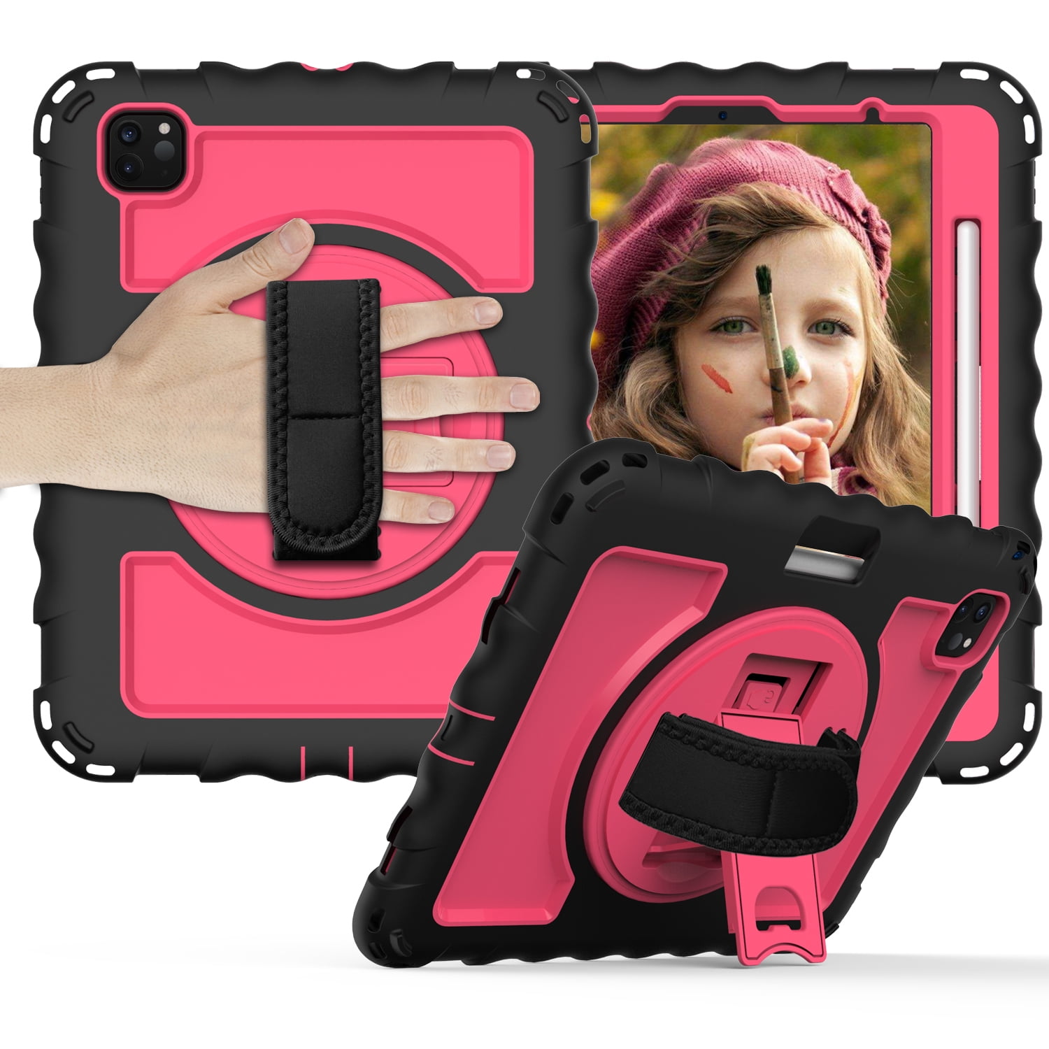 iPad Pro 11 Case 2020, iPad Pro 11 2nd Generation Case, Allytech Heavy Duty Shockproof Pencil Holder 360 Rotating Hand Strap Shoulder Strap Cover Case for Apple iPad Pro 11 2020, Black/Pink