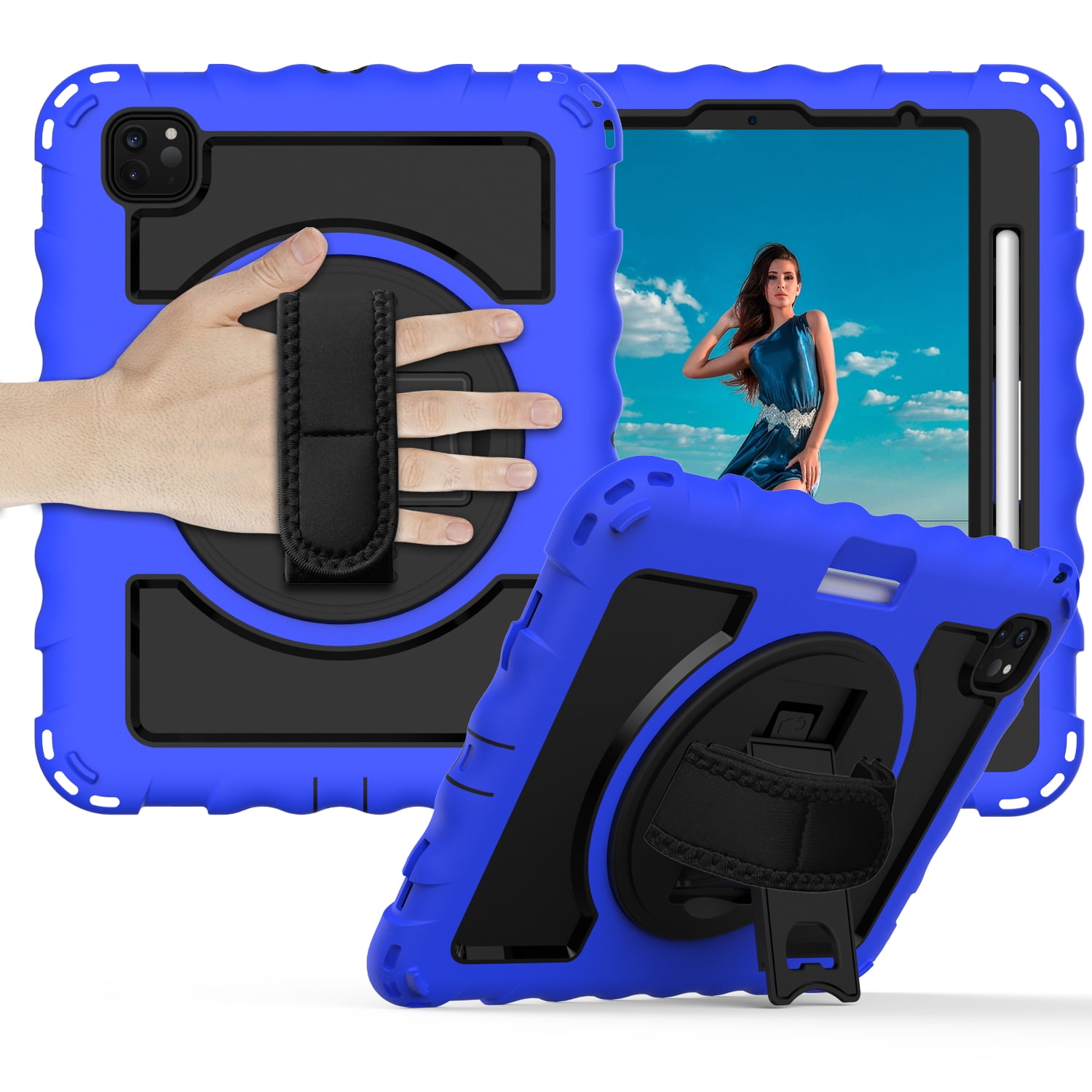 iPad Pro 11 Case 2020, iPad Pro 11 2nd Generation Case, Allytech Heavy Duty Shockproof Pencil Holder 360 Rotating Hand Strap Shoulder Strap Cover Case for Apple iPad Pro 11 2020, Blue/Black