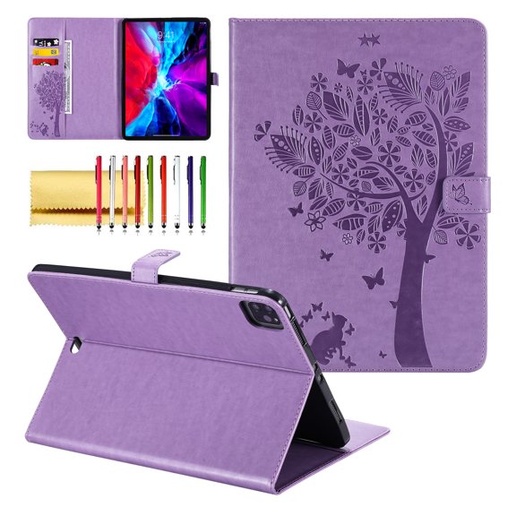 for iPad Pro 11 Case (2022 2021 2020 2018), iPad Air 5th 4th Generation 10.9 inch Case, Embossed Cat & Tree PU Leather Retro Shockproof Magnetic Clasp Wallet Card Slots Folio Kickstand Cover, Purple
