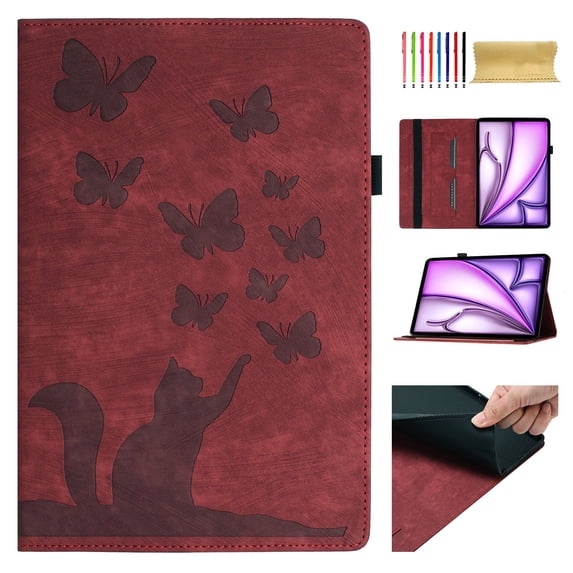 for iPad Pro 11 Inch 2024 Adjustable Kickstand Case, Lovely Pattern PU Leather + Soft Inner Case Auto Wake/Sleep Flip Folio Cover with Pen Holder & Card Slots for iPad Pro 11 Inch 2024, Winered