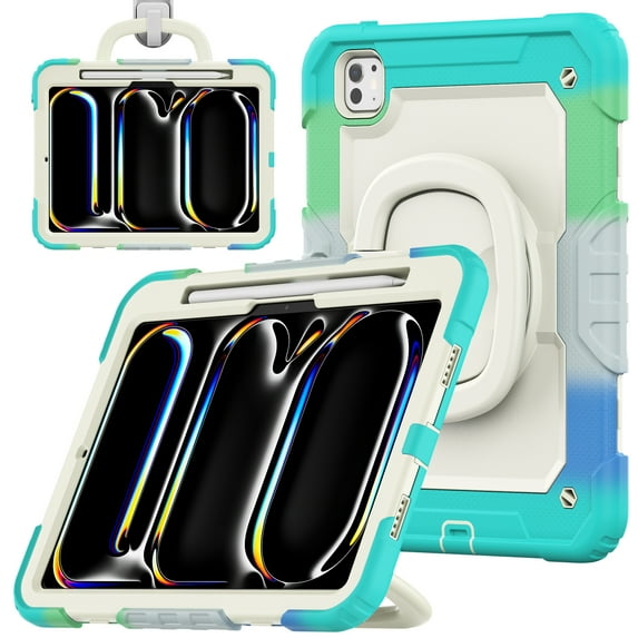 for iPad Pro 11 Inch 5th Gen 2024 Kids Case Heavy Duty Rugged Shockproof Silicone Hybrid Protective Case Cover Stand + Pencil Holder + Screen Protector for iPad Pro 11 2024 - Colorful Blue