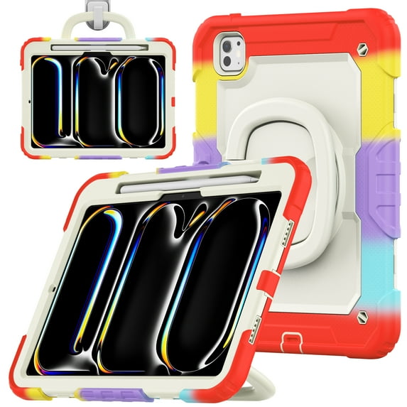 for iPad Pro 11 Inch 5th Gen 2024 Kids Case Heavy Duty Rugged Shockproof Silicone Hybrid Protective Case Cover Stand + Pencil Holder + Screen Protector for iPad Pro 11 2024 - Colorful Red