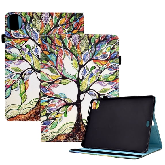 for iPad Pro 11 Inch 5th Generation 2024 Case, Pattern Lightweight Soft PU Leather Cover Free-Angle Viewing with Adjustable Stand & Card Slots & Elastic Strap & Auto Sleep/Wake, Tree