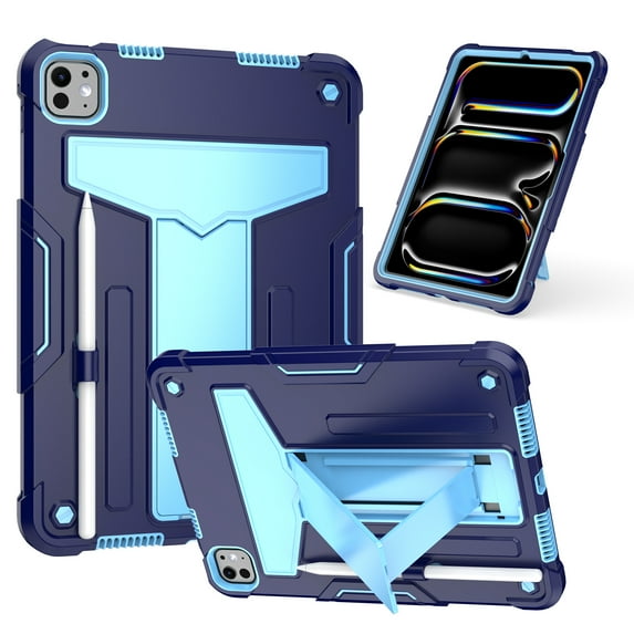 for iPad Pro 11 Inch 5th Generation 2024 Case with Pencil Holder & Kickstand, Shockproof Drop Proof Kids Friendly Rugged Full Body Protective Case Cover for iPad Pro 11 2024, Navy+Blue