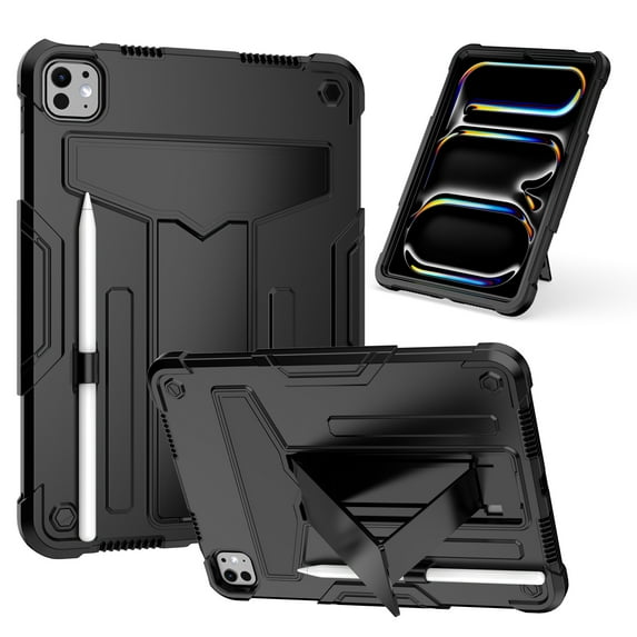 for iPad Pro 11 Inch 5th Generation 2024 Case with Pencil Holder & Kickstand, Shockproof Drop Proof Kids Friendly Rugged Full Body Protective Case Cover for iPad Pro 11 2024, Black