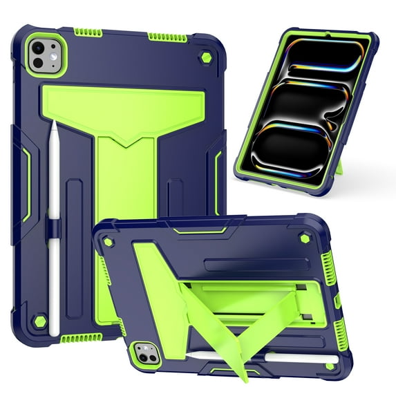 for iPad Pro 11 Inch 5th Generation 2024 Case with Pencil Holder & Kickstand, Shockproof Drop Proof Kids Friendly Rugged Full Body Protective Case Cover for iPad Pro 11 2024, Navy+Green