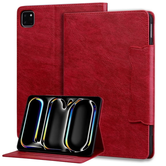 for iPad Pro 11 Inch 5th Generation 2024 Case, Vintage Soft PU Leather Case with 2 Anti-Slip Strips Adjustable Angle Kickstand & 4 Card Slots (Include 1 Photo Slot) Auto Sleep/Wake, Red