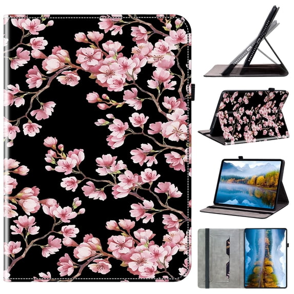 for iPad Pro 11 Inch 5th Generation 2024 Wallet Case, Flower Pattern PU Leather Card Slots Pencil Slot Elastic Strap Adjustable Angles Kickstand Durable Folio Flip Case Cover, Plum Blossom