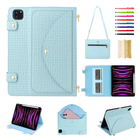 for iPad Pro 11-Inch Case 2024 Release, Protective Folio Case with Card Slots & Zipper Pocket & Pencil Holder, Built-in Stand Wallet Function, PU Leather Portable Crossbody Strap Cover, Blue
