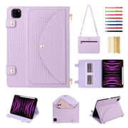 for iPad Pro 11-Inch Case 2024 Release, Protective Folio Case with Card Slots & Zipper Pocket & Pencil Holder, Built-in Stand Wallet Function, PU Leather Portable Crossbody Strap Cover, Purple