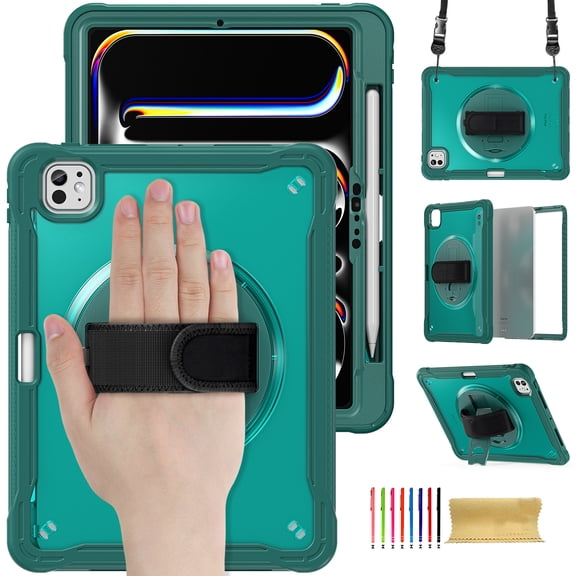 for iPad Pro 11 Inch (M5/M4) 2025/2024 Rugged Case, 360 Rotating Hand Strap Stand/Pencil Holder/Adjustable Crossbody Strap, [2 In 1] Heavy Duty Protective, Darkgreen
