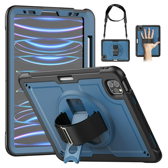 for iPad Pro 11" M4 2024 Case with Adjustable Hand Strap, Heavy Duty Shockproof Protective Cover with Rotating Stand, Shoulder Strap, Pencil Holder, Heat Dissipation Tablet Case, Navyblue