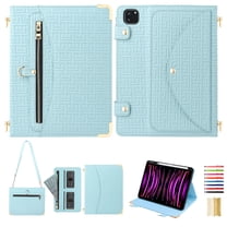 for iPad Pro 11" (M4) 2024 Crossbody Case, PU Leather Flip Cover with Card Holder Zipper Pocket Flip Stand Shoulder Strap Pen Slot, Envelope Design Tablet Case for iPad Pro 11" (M4) 2024, Blue