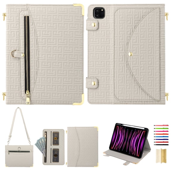 for iPad Pro 11" (M4) 2024 Crossbody Case, PU Leather Flip Cover with Card Holder Zipper Pocket Flip Stand Shoulder Strap Pen Slot, Envelope Design Tablet Case for iPad Pro 11" (M4) 2024, Beige