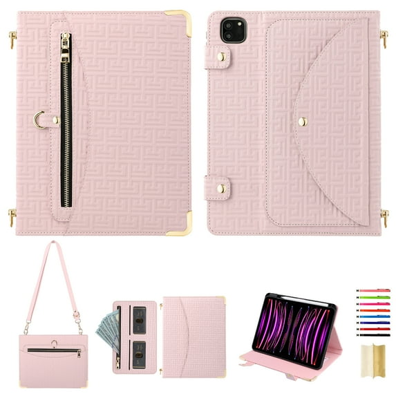for iPad Pro 11" (M4) 2024 Crossbody Case, PU Leather Flip Cover with Card Holder Zipper Pocket Flip Stand Shoulder Strap Pen Slot, Envelope Design Tablet Case for iPad Pro 11" (M4) 2024, Pink