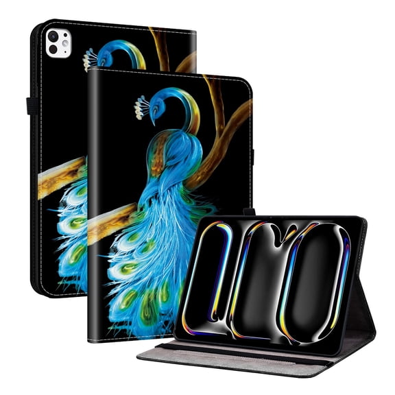 For iPad Pro 11" (M4/M5) 2024/2025 Release Folio Case with Stand/Card Slots/Elastic Band Closure/Pen Loop Holder, Stylish Cute Cartoon PU Leather Protective Lightweight Slim Flip Cover, Peacock