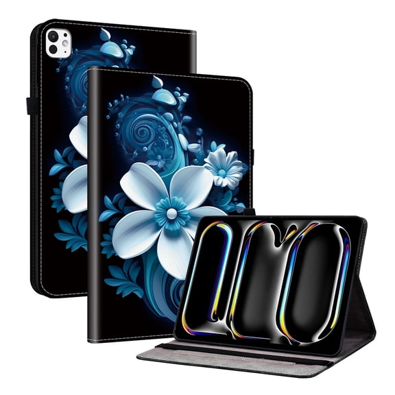 For iPad Pro 11" (M4/M5) 2024/2025 Release Folio Case with Stand/Card Slots/Elastic Band Closure/Pen Loop Holder, Stylish Cute Cartoon PU Leather Protective Lightweight Slim Cover, Blue White Flower