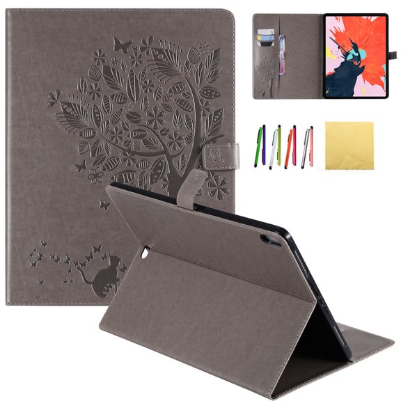 iPad Pro 12.9 2018 Case, Allytech Embossed Cat & Tree PU Leather Stand Folio Wallet Case Cover with Credit Card Slots for New Apple iPad Pro 12.9 Inch 3rd Gen 2018 Release, Gray