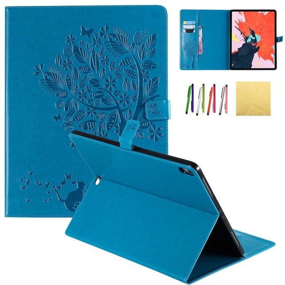 iPad Pro 12.9 2018 Case, Allytech Embossed Cat & Tree PU Leather Stand Folio Wallet Case Cover with Credit Card Slots for New Apple iPad Pro 12.9 Inch 3rd Gen 2018 Release, Blue