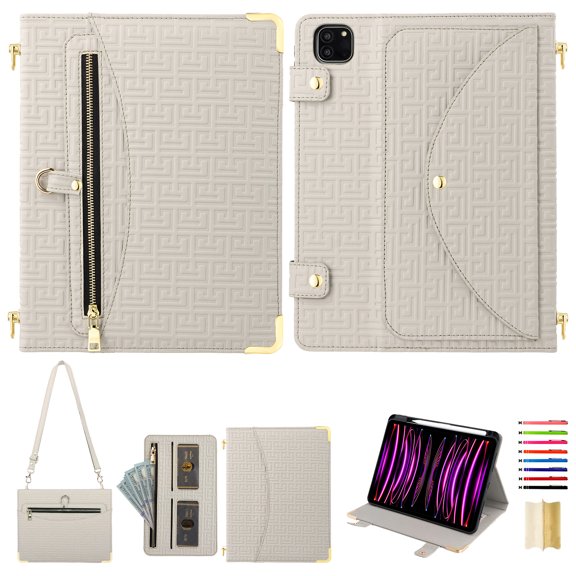 for iPad Pro 12.9" 2022/2021/2020/2018 Crossbody Case, PU Leather Flip Cover with Card Holder Zipper Pocket Stand Shoulder Strap Pen Slot, Envelope Design Tablet Case for iPad Air 13" 2024, Beige