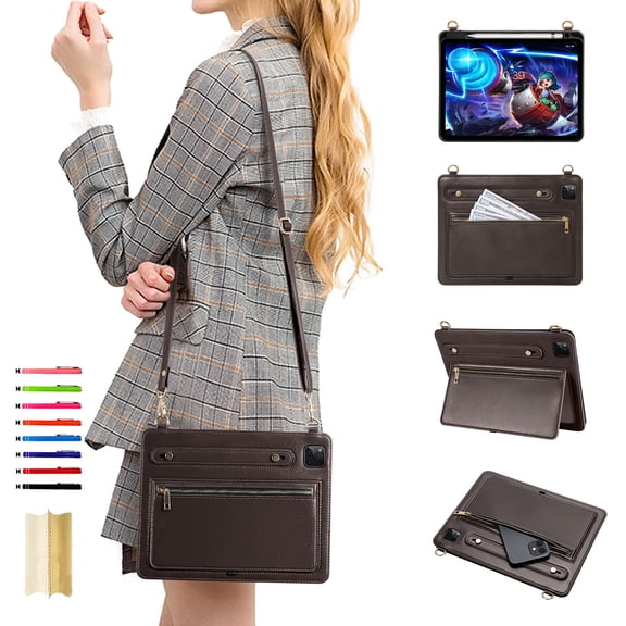 for iPad Pro 12.9" 2022/2021/2020/2018 Envelope Wallet Back Case, Premium PU Leather Zipper Pocket Kickstand with Shoulder Strap & Hand Strap Tablet Case Cover for iPad Pro 12.9 inch - Coffee