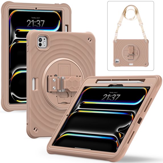 for iPad Pro 12.9" 2022/2021/2020/2019 Case, Durable Sturdy Protection Case with Rotation Stand, Portable Hand Strap and Shoulder Strap Pencil Holder, Heavy Duty Shockproof Anti-Drop Cover, Latte