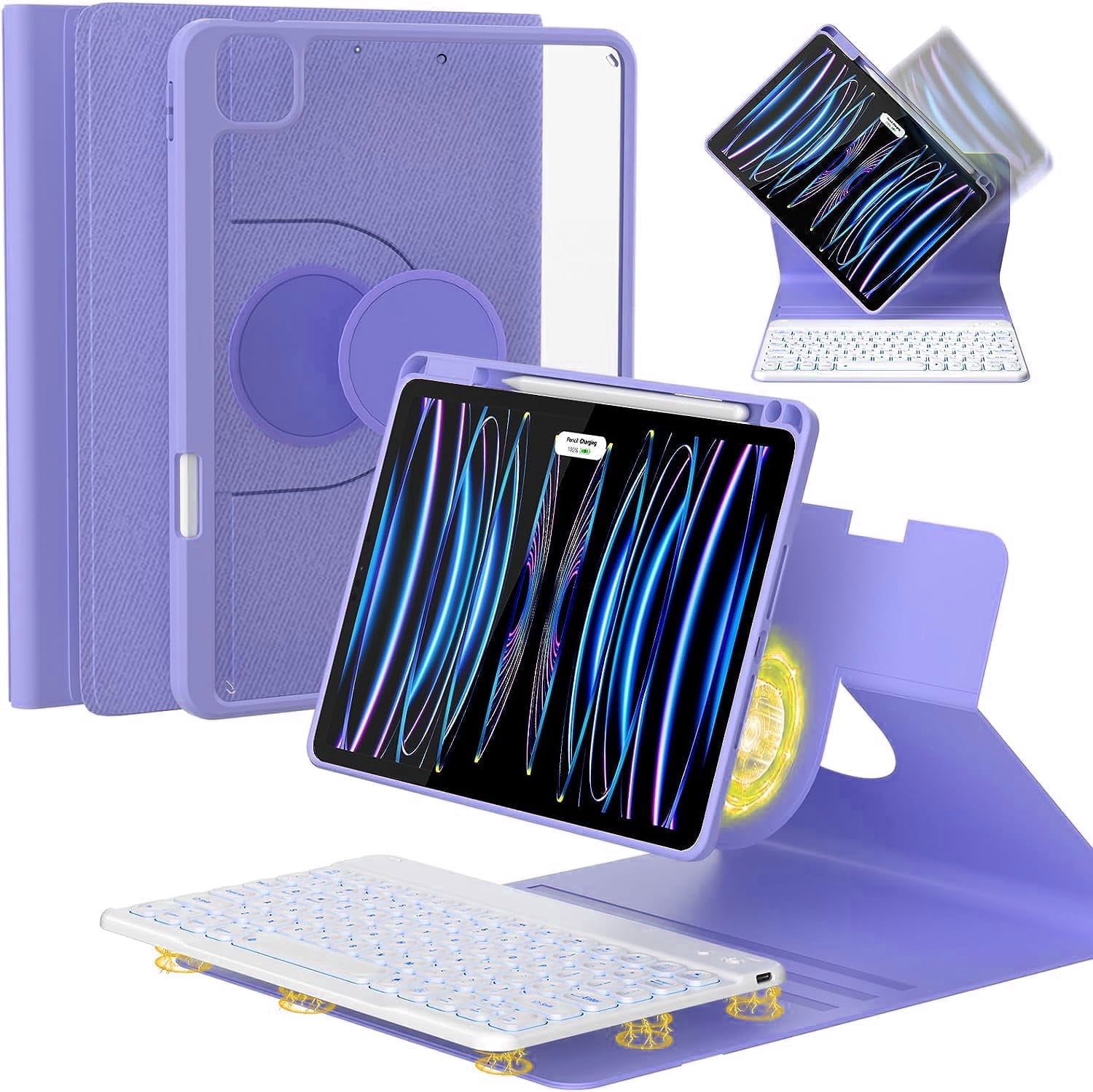 iPad Pro 12.9 6th/5th/4th Generation Case with Keyboard(2022/2020/2021), 360°Smart Protective Folio Cover with Magnetic Detachable Wireless Keyboard, Built-in Pencil Holder (Purple)