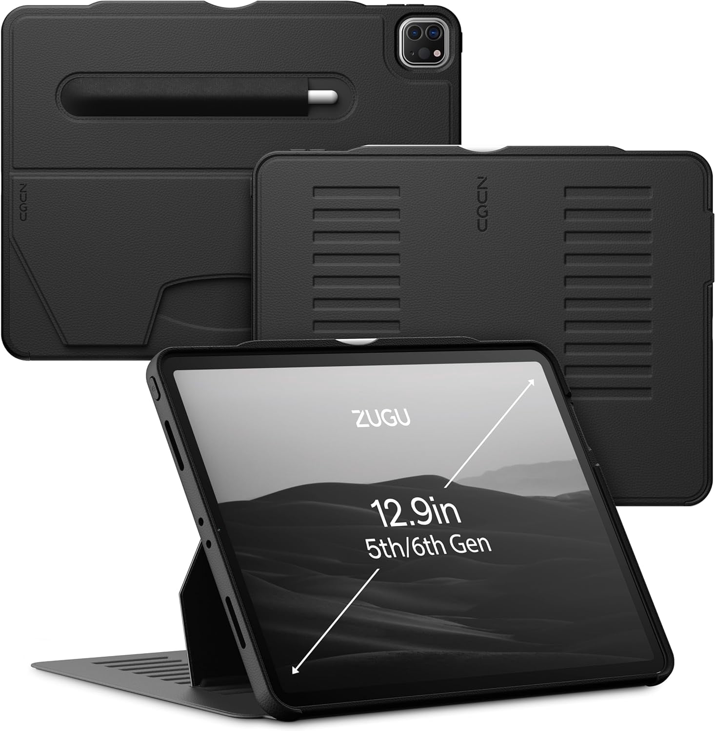 for iPad Pro 12.9 Case 5th / 6th Generation Stand 2021/2022, Slim Protective Cover with Wireless Apple Pencil Charging, Magnetic & Sleep/Wake Cover, Stealth Black