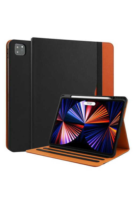 iPad Pro 12.9 Case 6th/5th/4th/3rd Generation Case 2021/2020/2018 w/Pencil Holder, Folio Stand Cover with Multiple Angles & Auto Sleep/Wake for iPad 12.9 Inch Pro 6th/5th/4th Gen, Black/Brown