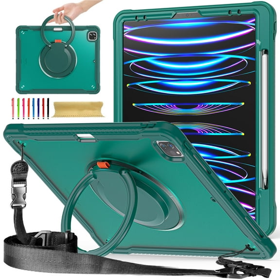 for iPad Pro 12.9 inch 2022/2021/2020/2018 Case, TPU Hybrid Shockproof Protective PC Clear Back Case Cover with Pencil Holder / 360° Swivel Stand / Shoulder Strap for Kids - Green