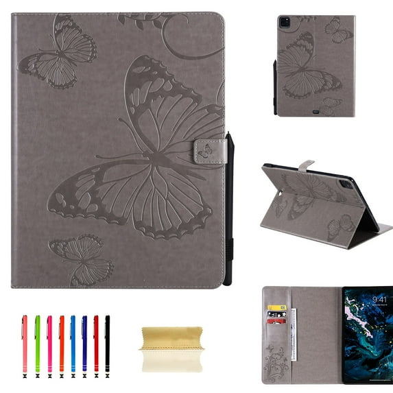 iPad Pro 12.9 inch 4th Generation 2020 & 2018 Case, Dteck Slim Fit Embossed Flower Pattern PU Leather Folio Stand Case with Card Holders Cover, Gray Butterfly