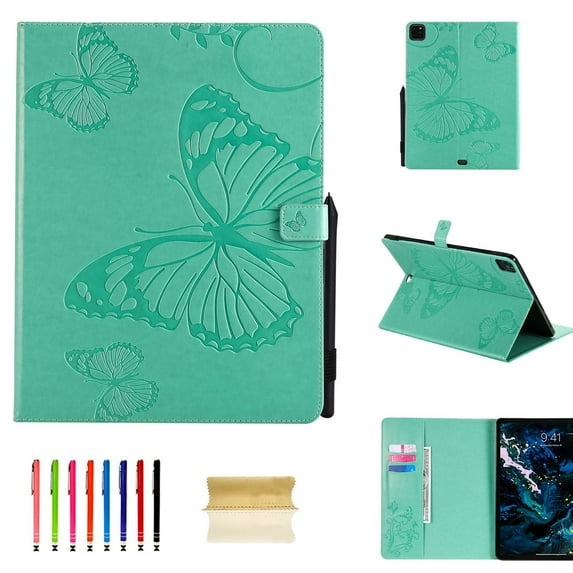iPad Pro 12.9 inch 4th Generation 2020 & 2018 Case, Dteck Slim Fit Embossed Flower Pattern PU Leather Folio Stand Case with Card Holders Cover, Green Butterfly