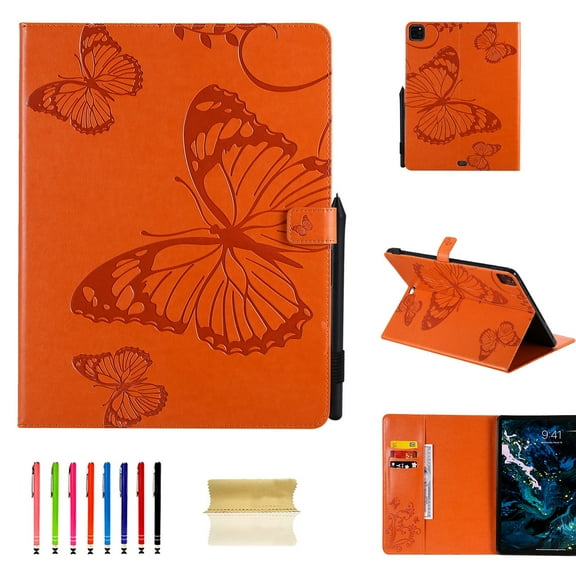 iPad Pro 12.9 inch 4th Generation 2020 & 2018 Case, Dteck Slim Fit Embossed Flower Pattern PU Leather Folio Stand Case with Card Holders Cover, Orange Butterfly