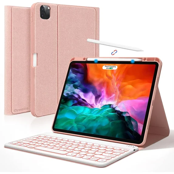 iPad Pro 12.9 inch Case with Keyboard Compatible for iPad 12.9-inch 2022/2021/2020 (6th/5th/4th Gen) with Pencil Holder,Smart Folio Tablet Cover with 7 Color Backlit Detachable Wireless Keyboard(Pink)