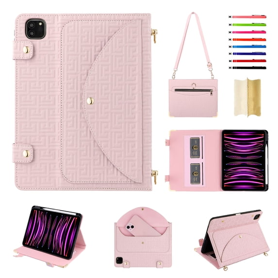 for iPad Pro 13 2024 Case, Protective Folio Case with Card Slots & Zipper Pocket & Pencil Holder, Built-in Stand Wallet Function, PU Leather Portable Crossbody Strap Cover, Pink