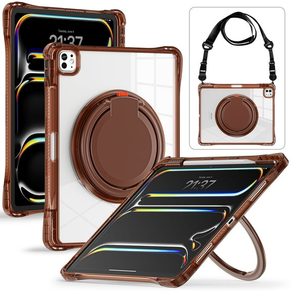 for iPad Pro 13" 2024 Case with Rotatable Stand Portable Handle, Protective Clear Shockproof Dropproof Rugged Shoulder Strap Kids Friendly Cover for iPad Pro 13" 2024, Chocolate