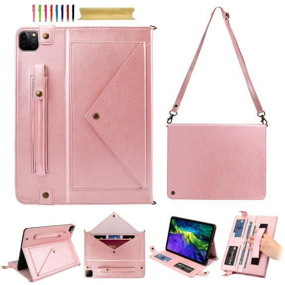 for iPad Pro 13" 2024 M4 7th Generation (A2925, A2926, A3007) PU Leather Case, with Pencil Holder, Money Pocket, Shoulder/Hand Strap, Card Slots Kickstand Flip Cover, Full Body Protection, Rosegold