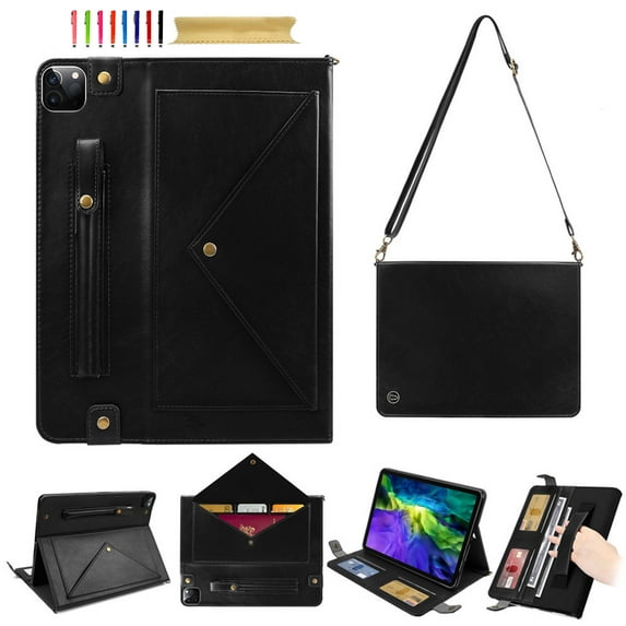 for iPad Pro 13" 2024 M4 7th Generation (A2925, A2926, A3007) PU Leather Case, with Pencil Holder, Money Pocket, Shoulder/Hand Strap, Card Slots Kickstand Flip Cover, Full Body Protection, Black