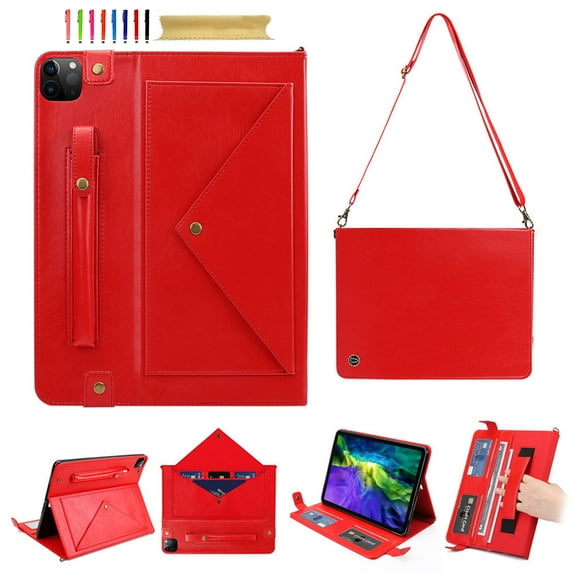 for iPad Pro 13" 2024 M4 7th Generation (A2925, A2926, A3007) PU Leather Case, with Pencil Holder, Money Pocket, Shoulder/Hand Strap, Card Slots Kickstand Flip Cover, Full Body Protection, Red