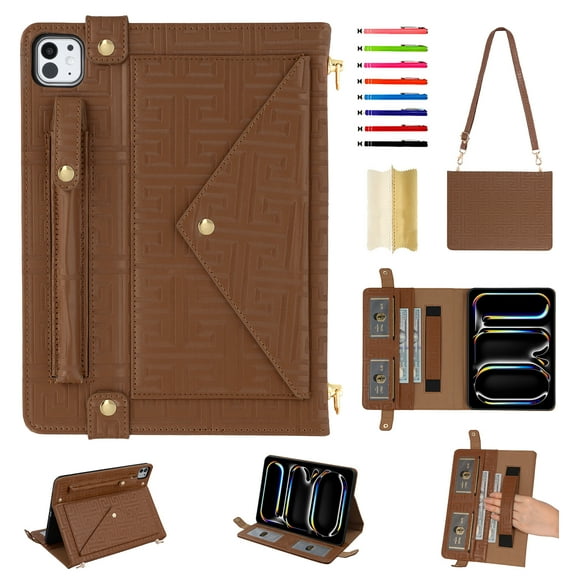 for iPad Pro 13" 2024 M4 7th Generation Case, Handbag Design PU Leather Stand Cover with Elastic Hand Strap and Detachable Adjustable Shoulder Strap, Pencil Holder, Document Card Pocket, Brown