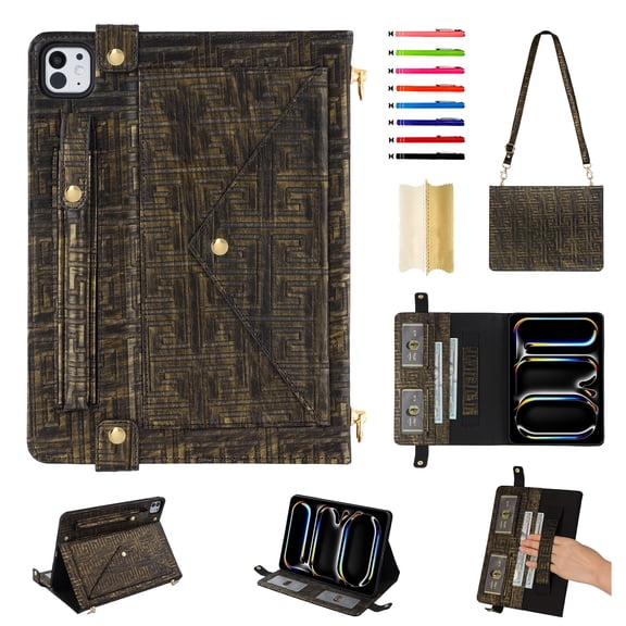 for iPad Pro 13" 2024 M4 7th Generation Case, Handbag Design PU Leather Stand Cover with Elastic Hand Strap and Detachable Adjustable Shoulder Strap, Pencil Holder, Document Card Pocket, Blackgold