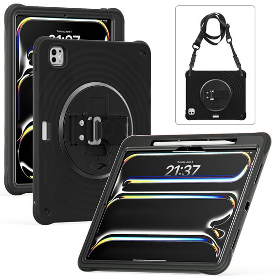 for iPad Pro 13" 2024 Tablet Case, Durable Sturdy Protection Case with Rotation Stand, Portable Hand Strap and Shoulder Strap Pencil Holder, Heavy Duty Shockproof Anti-Drop Cover, Black