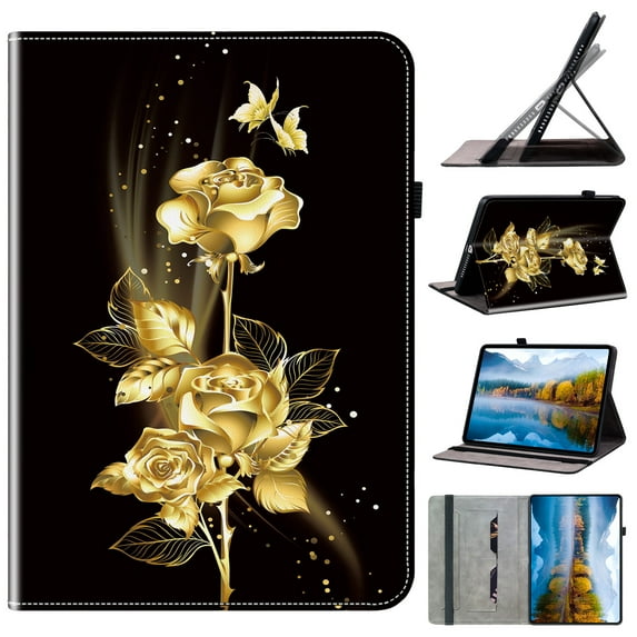 for iPad Pro 13 2024 Wallet Case, Flower Pattern PU Leather Card Slots Pencil Slot Elastic Strap Adjustable Angles Kickstand Durable Folio Flip Case Cover for iPad Pro 13 2024, Golden Rose Butterfly