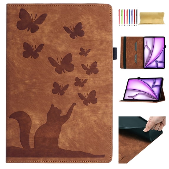 for iPad Pro 13 Inch 7th Generation 2024 Folio Flip Case, Slim Fit Pattern Soft PU Leather Cover with Kickstand & 2 Card Slots & Elastic Strap & Smart Auto Sleep/Wake for iPad Pro 13 2024, Brown